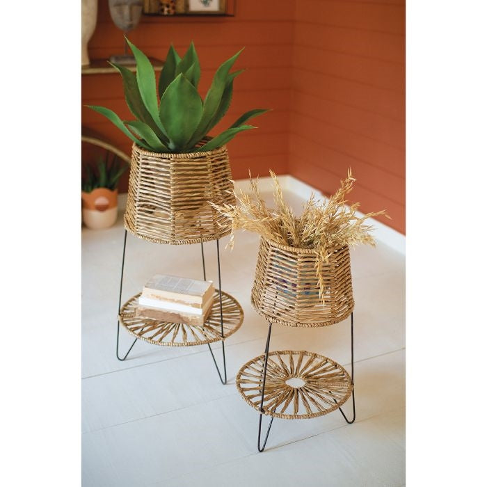 set 2 natural seagrass plant stands shelf iron