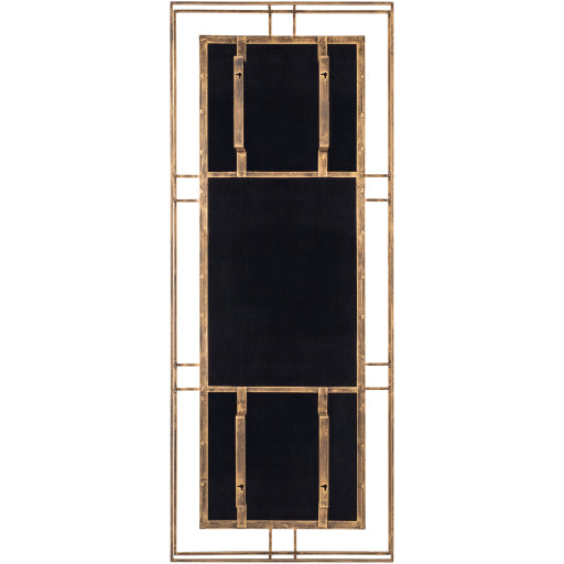Surya's Alpenglow mirror features a geometric antique gold frame and black background.