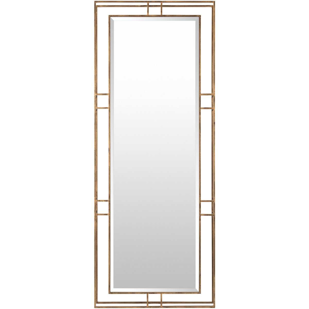 Surya's Alpenglow Antique Gold Floor Mirror with a rectangular beveled mirror and geometric frame design.