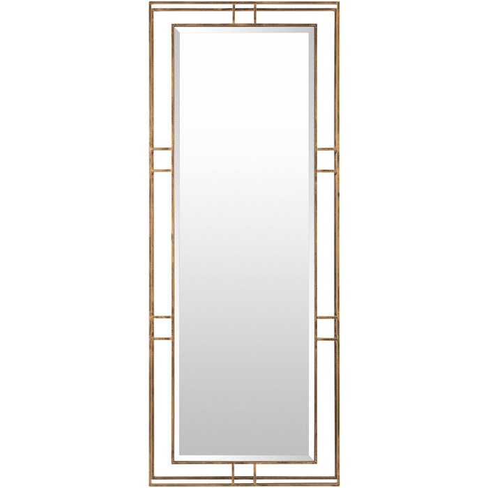 Surya's Alpenglow Antique Gold Floor Mirror with a rectangular beveled mirror and geometric frame design.