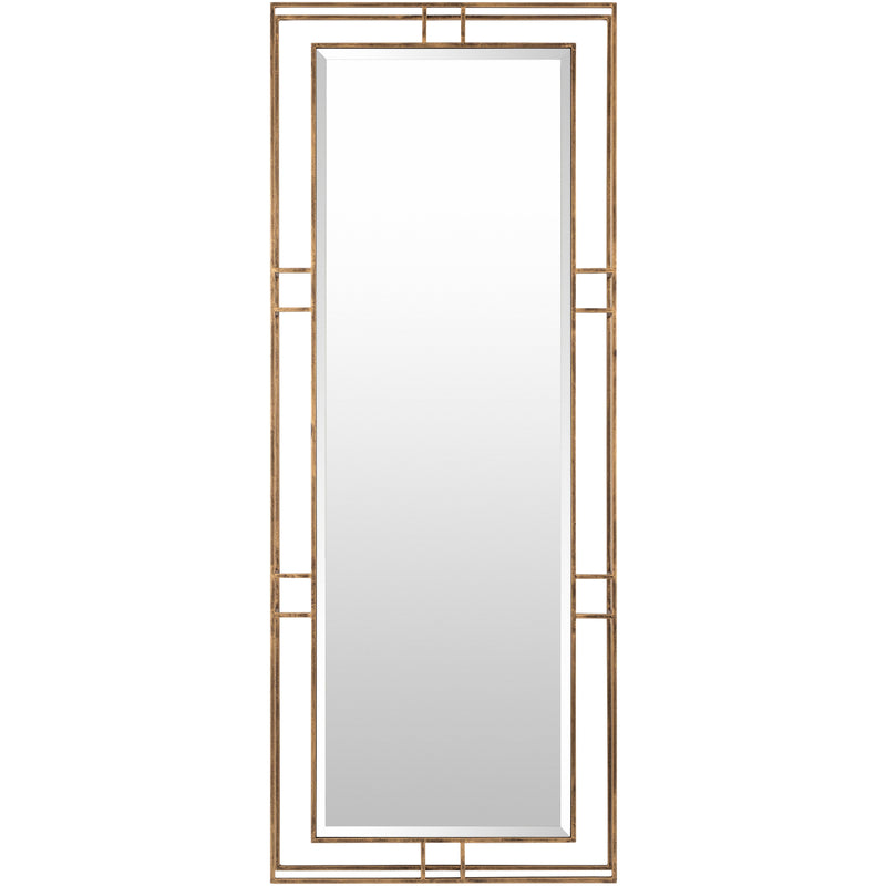 Surya's Alpenglow Antique Gold Floor Mirror with a rectangular beveled mirror and geometric frame design.