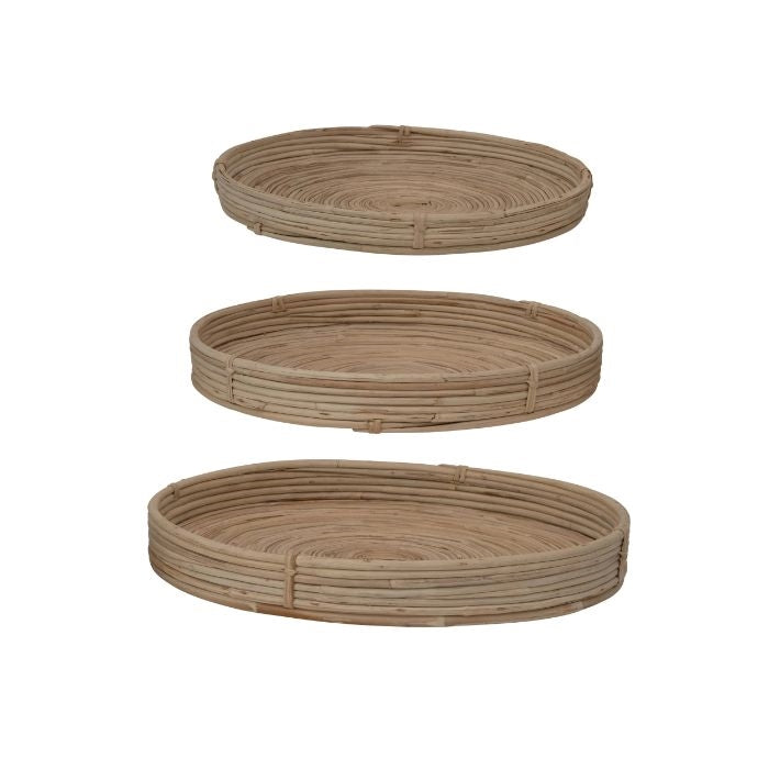 natural handwoven cane trays round set coastal