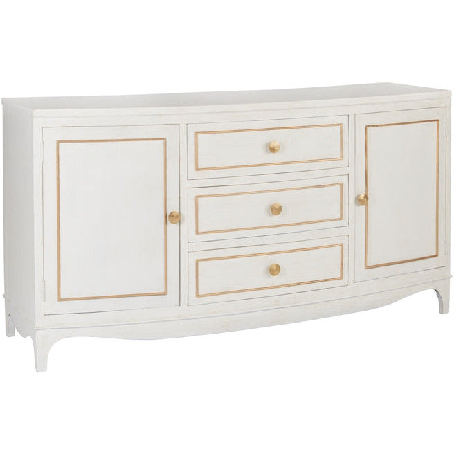 buffet server cabinet shite two cabinets three drawers white gold accent four legs
