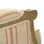sofa six legs oak red stripe khaki linen toss pillows  two cushion settee farmhouse