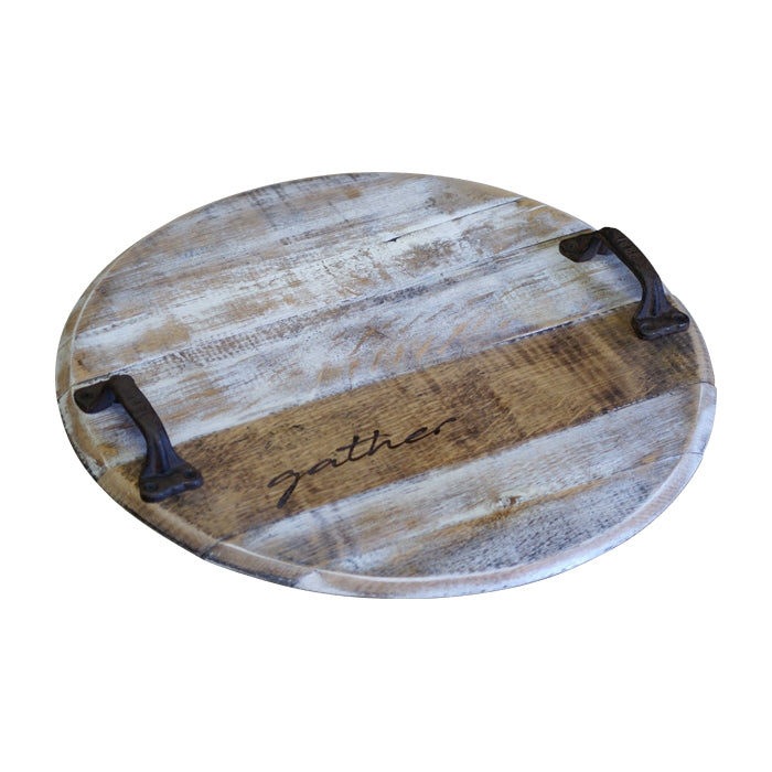 rustic round wood tray handles white washed
