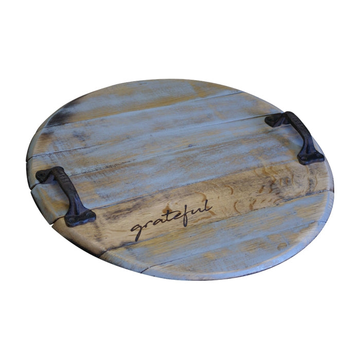 rustic round wood tray handles gray washed