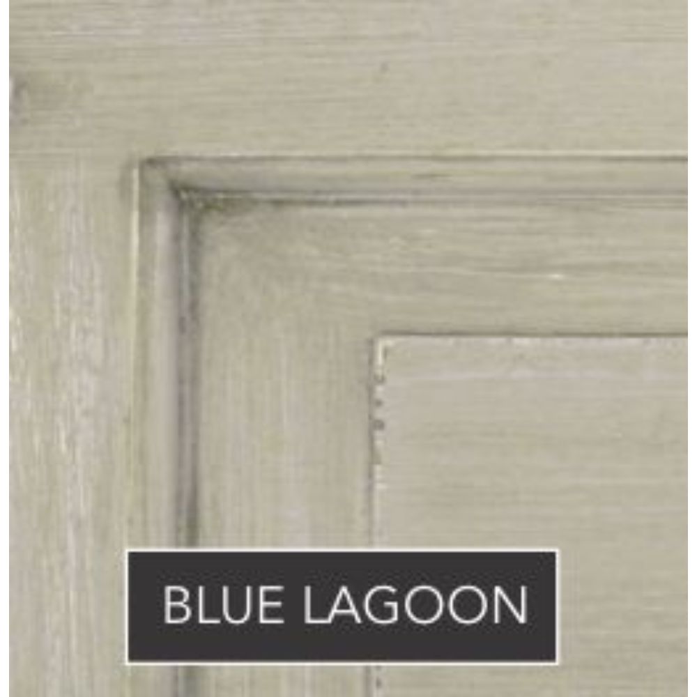 Close-up of the Rue King Caned Headboard by Phillips Scott, crafted from Asian oak wood, showcasing a custom finish with a weathered light green label reading "Blue Lagoon.