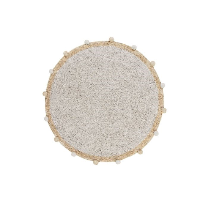 round rug honey neutral pom trim