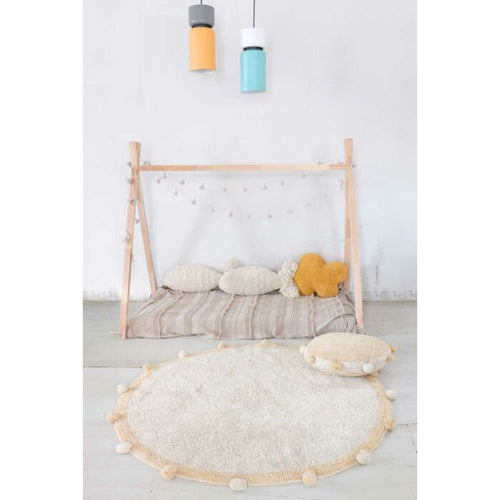 round rug honey neutral pom trim