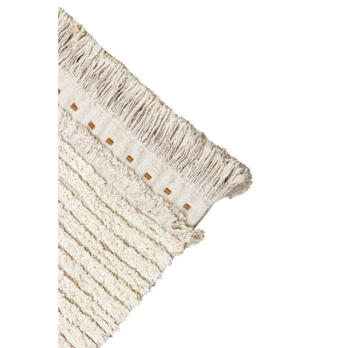 neutral embroidered fringe edge stripe tan rug