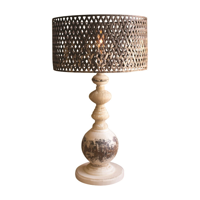 table lamp wood base distressed metal perforated cage shade rustic