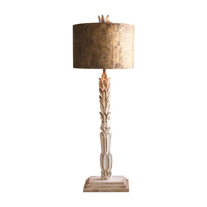 tall table lamp carved wood base distressed white metal shade rustic gold multi-finishes