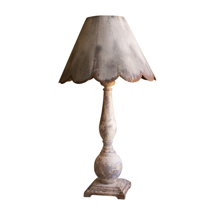 table lamp wood base distressed metal scalloped shade rustic