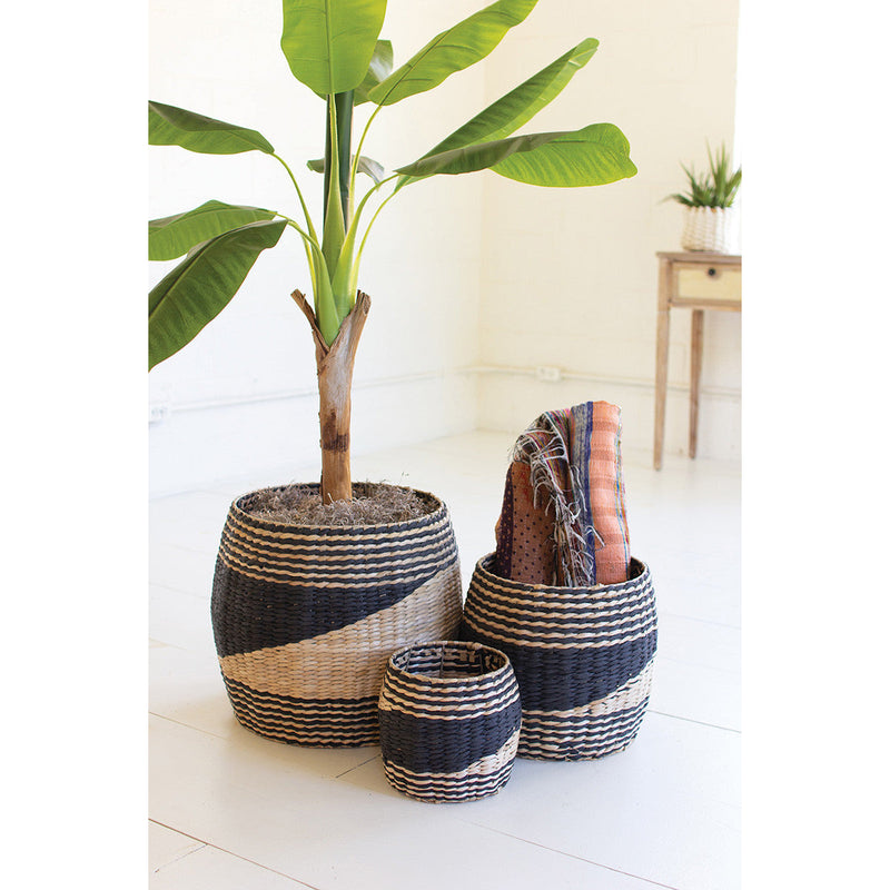 set 3 black natural round seagrass baskets