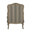 chair French provincial wood recycled oak cabriole legs padded armrests khaki blue stripe linen