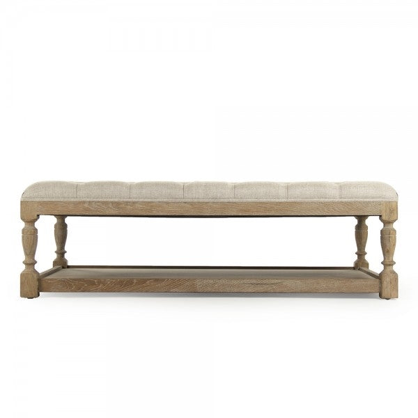 ottoman rectangle natural linen tan oak antiqued tufted linen lower shelf turned legs