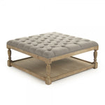 ottoman square natural oak limed turned legs shelf taupe linen tufted