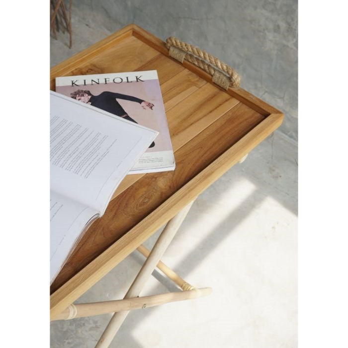 folding rattan base serving table teak tray top nautical rope handles