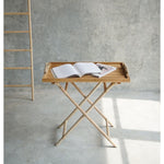 folding rattan base serving table teak tray top nautical rope handles