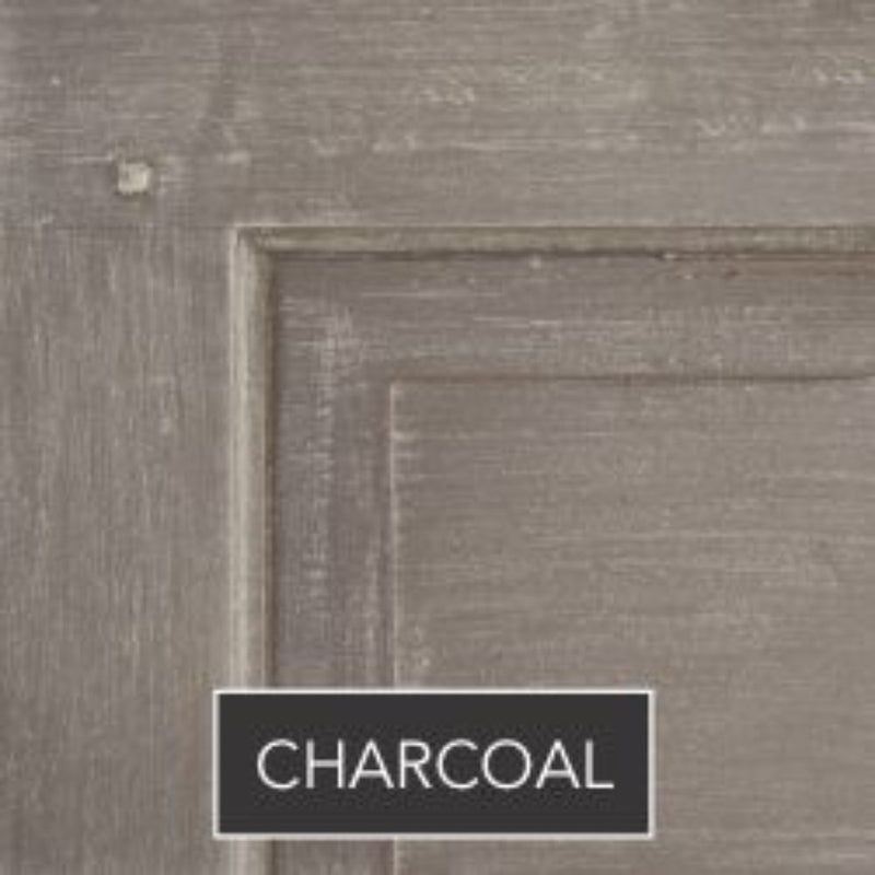 Close-up of Regent Queen Caned Headboard by Phillips Scott in asian oak with charcoal gray finish; "CHARCOAL" labeled below.