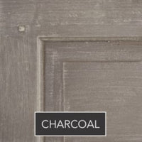 Close-up of the Phillips Scott Rue King Caned Headboard, showcasing its charcoal finish crafted from rich Asian oak wood, with a rectangle reading "CHARCOAL" at the bottom.