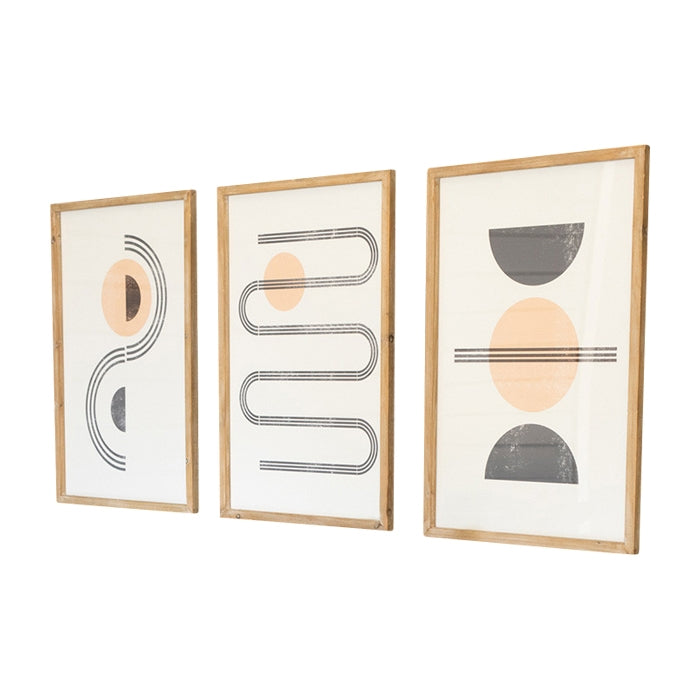 set three abstract art prints wood frame glass gray melon contemporary