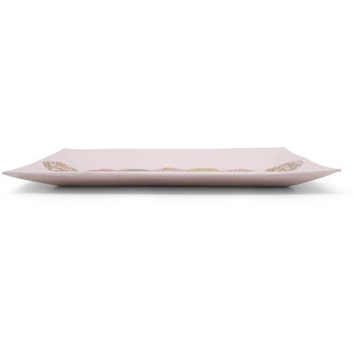 The Always Relish Christmas Ornaments Melamine Serving Platters, set of 2, are rectangular with a light pink color and a slightly raised edge against a white background. These platters are perfect for a Christmas gathering and are dishwasher safe.