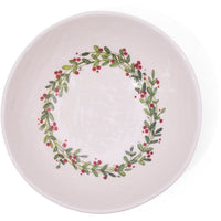 These melamine serving bowls from Always Relish, offered as a set of two, feature a Christmas wreath design with a circular pattern of green leaves and red berries along the edge.