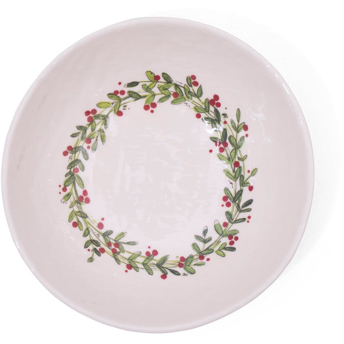 These melamine serving bowls from Always Relish, offered as a set of two, feature a Christmas wreath design with a circular pattern of green leaves and red berries along the edge.