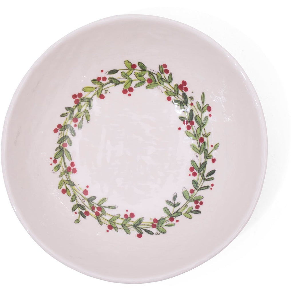 These melamine serving bowls from Always Relish, offered as a set of two, feature a Christmas wreath design with a circular pattern of green leaves and red berries along the edge.