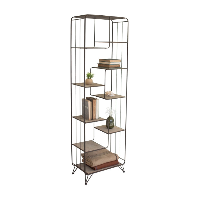 metal frame standing shelf unit staggered wood shelves