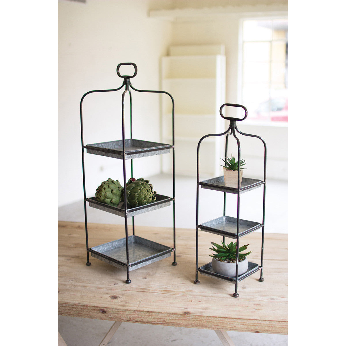 Kalalou trays silver metal galvanized tower stand trio three handle set of two tall