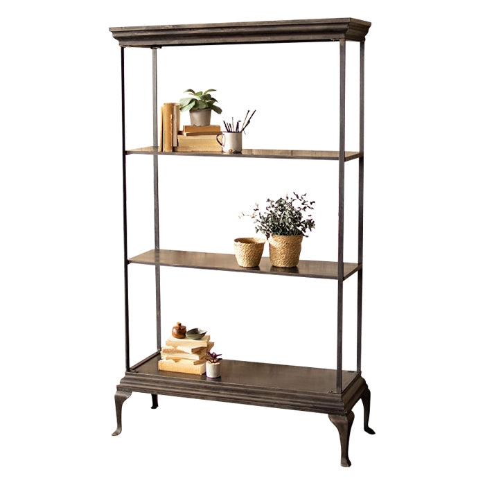 four-tiered shelf unit distressed black metal traditional