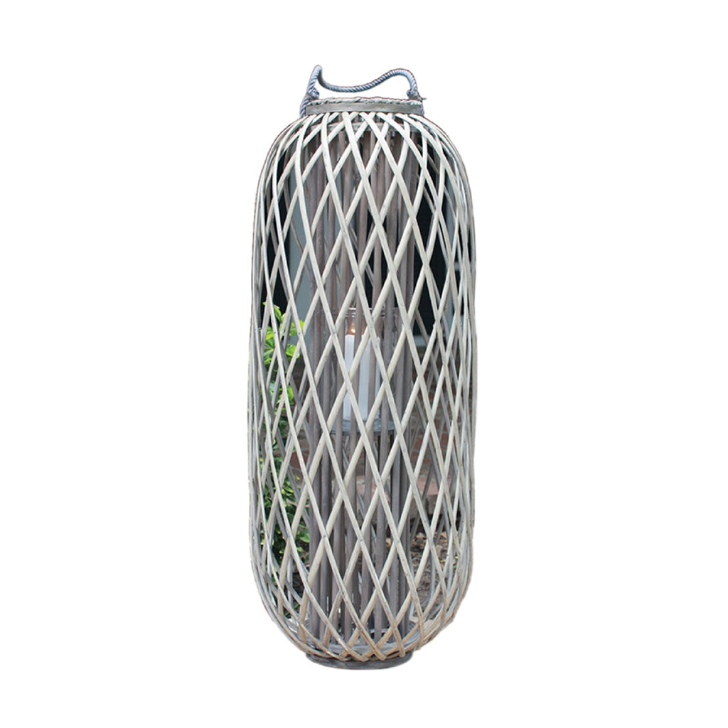 Kalalou lantern woven gray willow glass candle rope handle oval tall