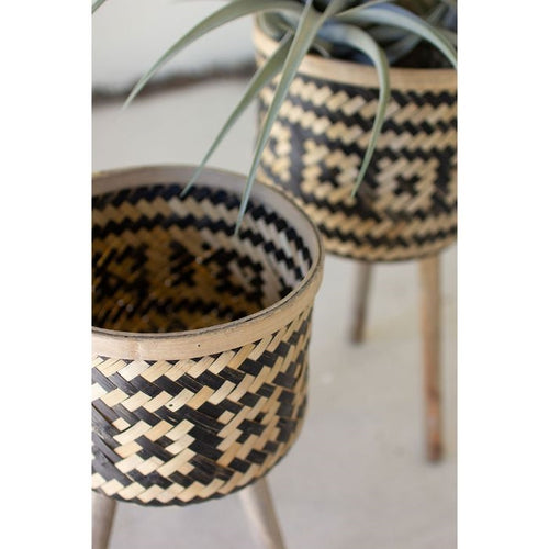 black natural woven bamboo plant stands