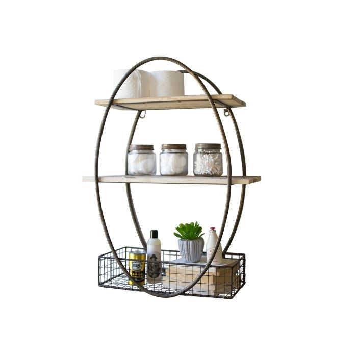 tall metal framed wall unit oval recycled wood shelves