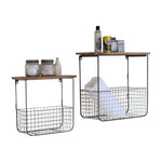 set 2 wire mesh baskets wood tops wood shelf