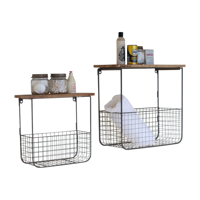 set 2 wire mesh baskets wood tops wood shelf