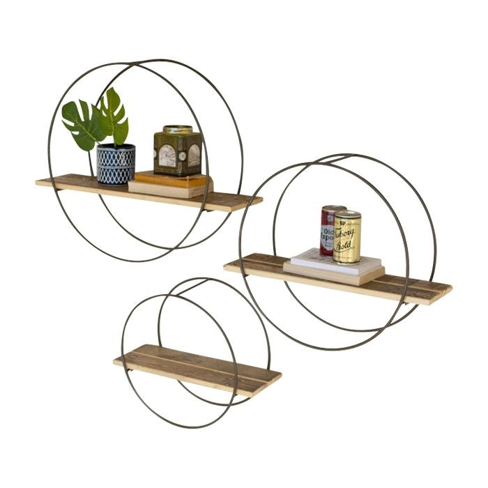 round metal framed wall shelves recycled wood transitional round