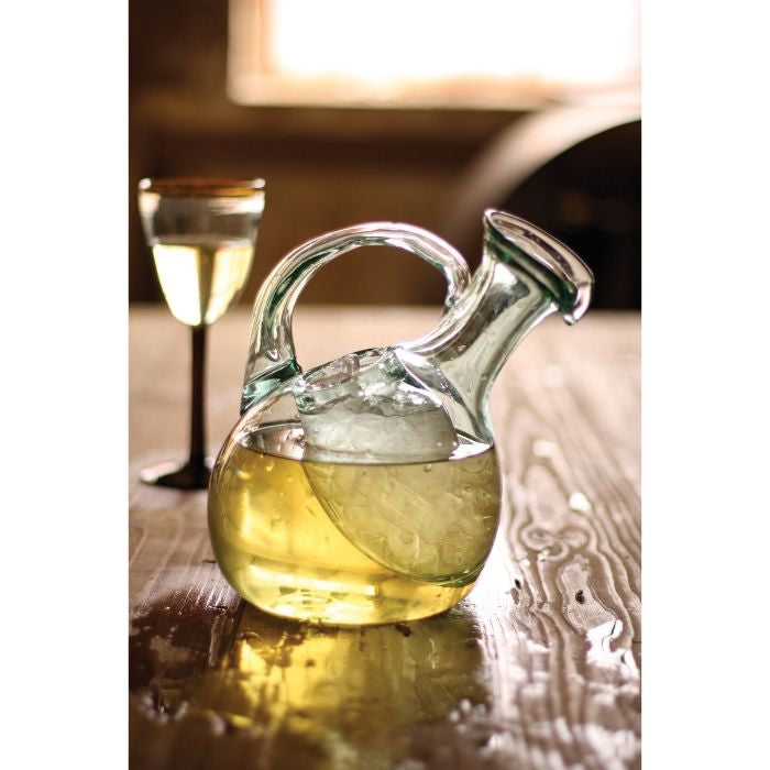 recycled green glass tilted white wine decanter ice pocket