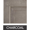 Close-up of the Warren Square Coffee Table by Phillips Scott, highlighting a custom charcoal-colored wooden panel with a recessed frame. The word "CHARCOAL" is written below.