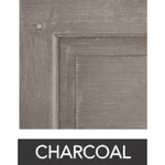 Close-up of the Warren Square Coffee Table by Phillips Scott, highlighting a custom charcoal-colored wooden panel with a recessed frame. The word "CHARCOAL" is written below.