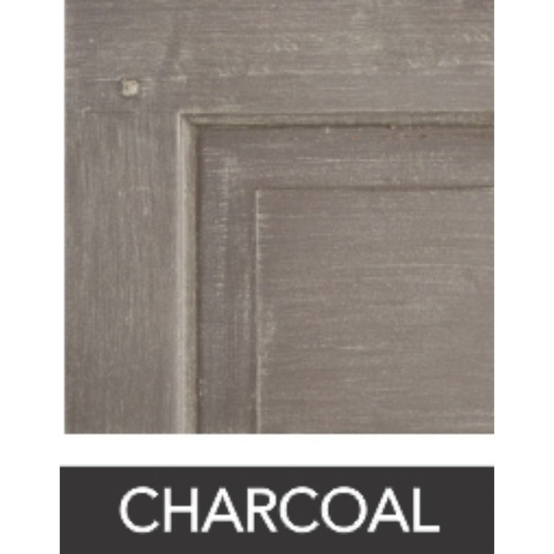 Close-up of the Warren Square Coffee Table by Phillips Scott, highlighting a custom charcoal-colored wooden panel with a recessed frame. The word "CHARCOAL" is written below.