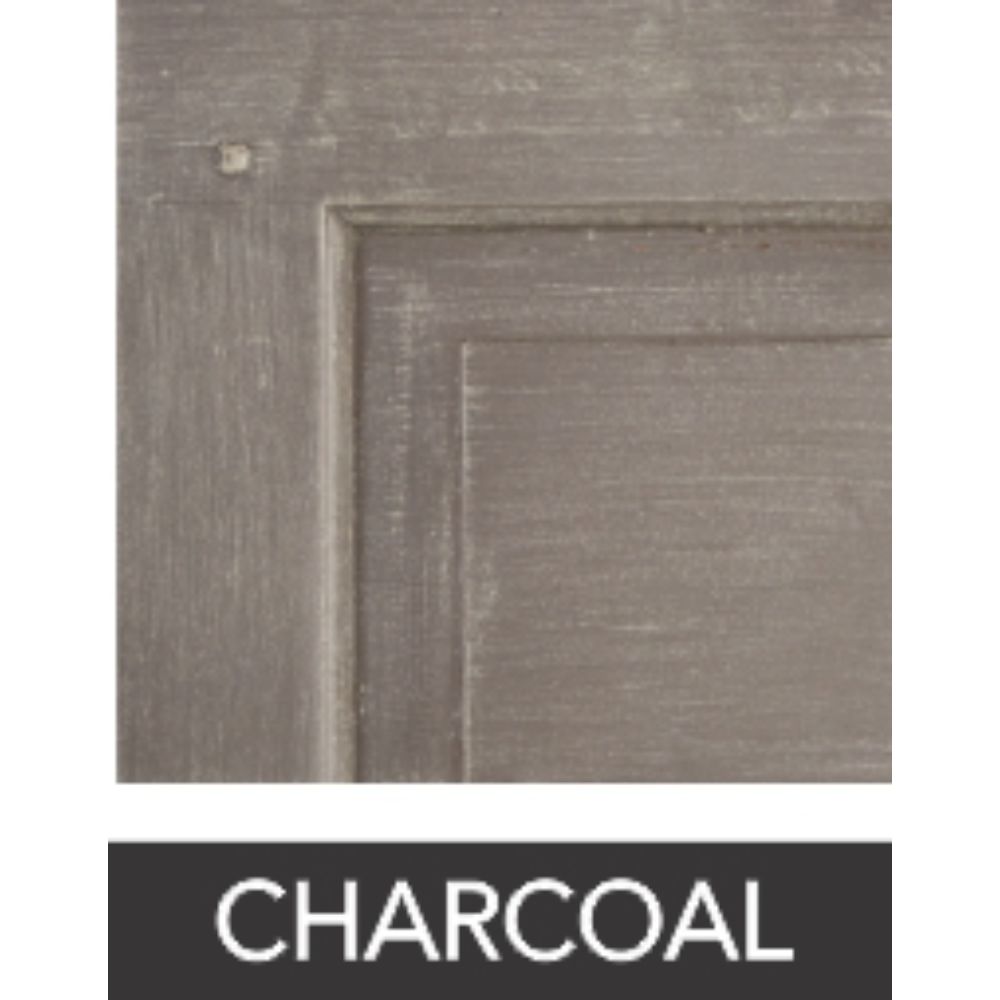 Close-up of a cabinet door with Philippine oak finish from the Andrews 3 Drawer Chest by Phillips Scott. Text reads "CHARCOAL".