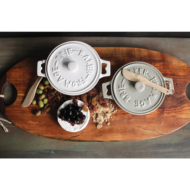 set 2 colors stoneware brie baker wood spreader Oprah's Favorite white gray
