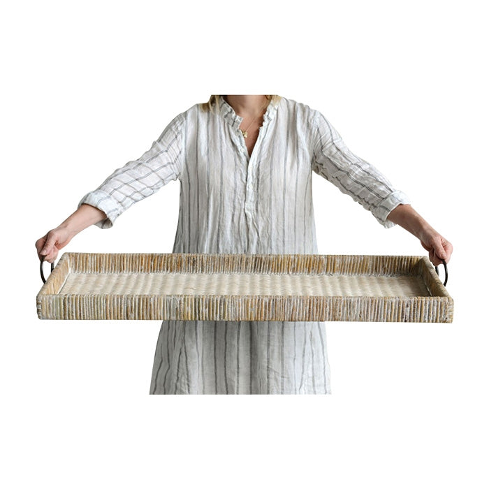 tray rattan large long white wash metal handles