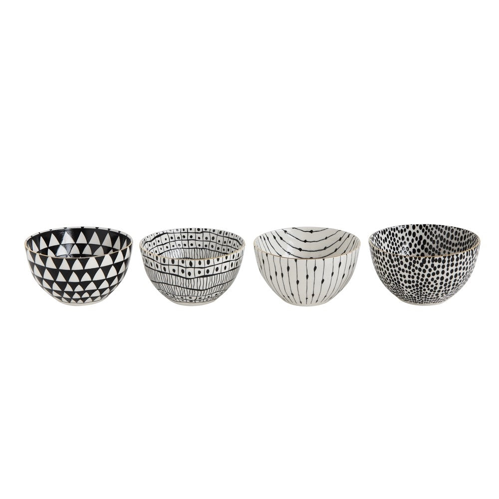 Set of 4 BSEID Stoneware Black + White Bowls with Gold Rim, each featuring unique patterns.