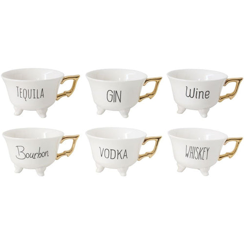 6 white footed tea cups gold handles tequila gin wine bourbon vodka whiskey