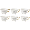 6 white footed tea cups gold handles tequila gin wine bourbon vodka whiskey