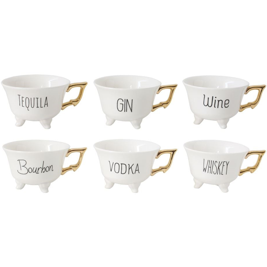 6 white footed tea cups gold handles tequila gin wine bourbon vodka whiskey